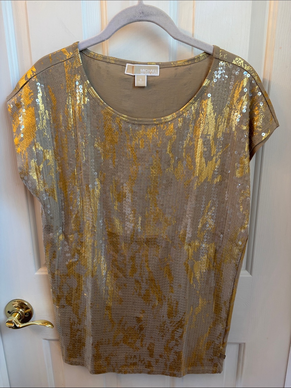 Michael Kors Gold Sequin Accented Taupe Short Sleeve Tee